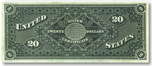 1886 20 dollar silver certificate diamond back